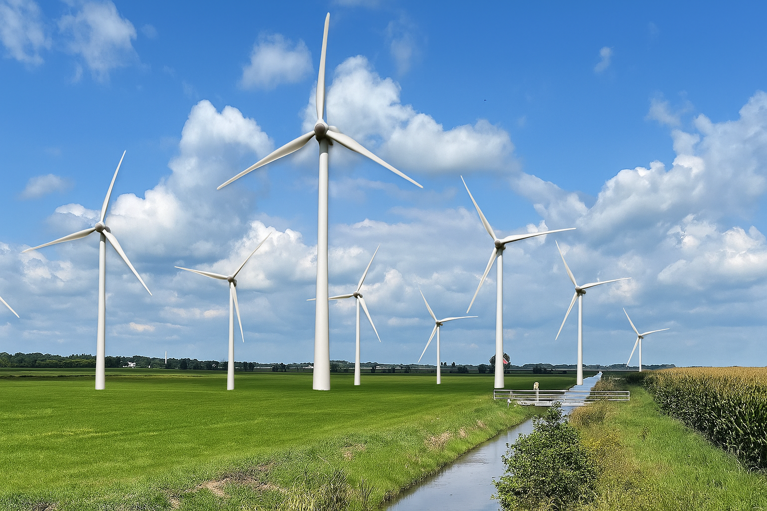 Weiland bij Bergentheim met een rij grote windturbines aan de horizon